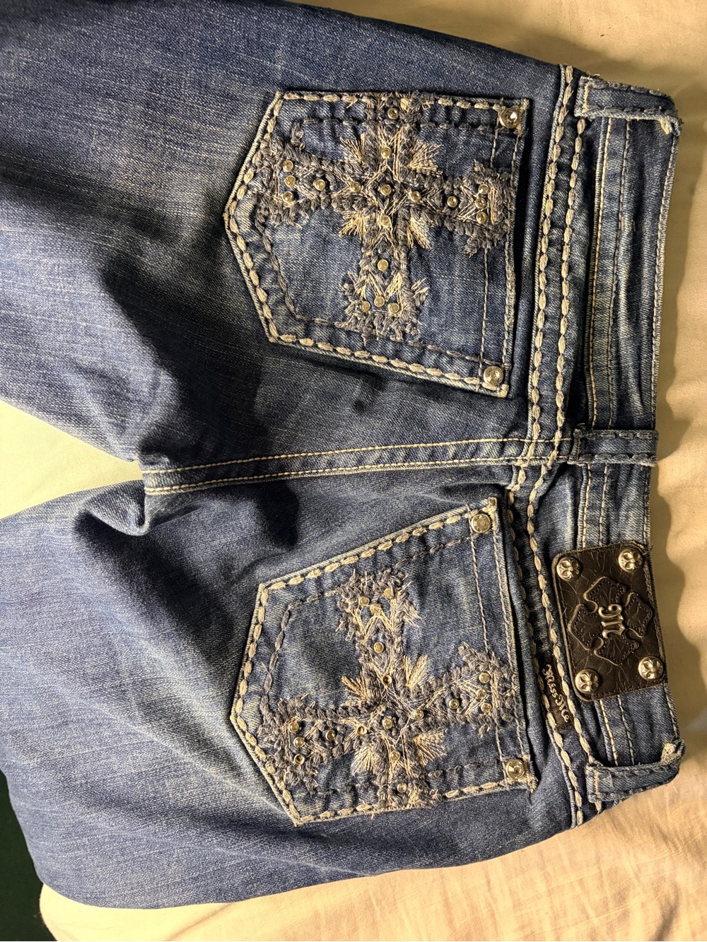 Miss Me Blue Embroidered Boot-Cut Jeans with Stud Accents